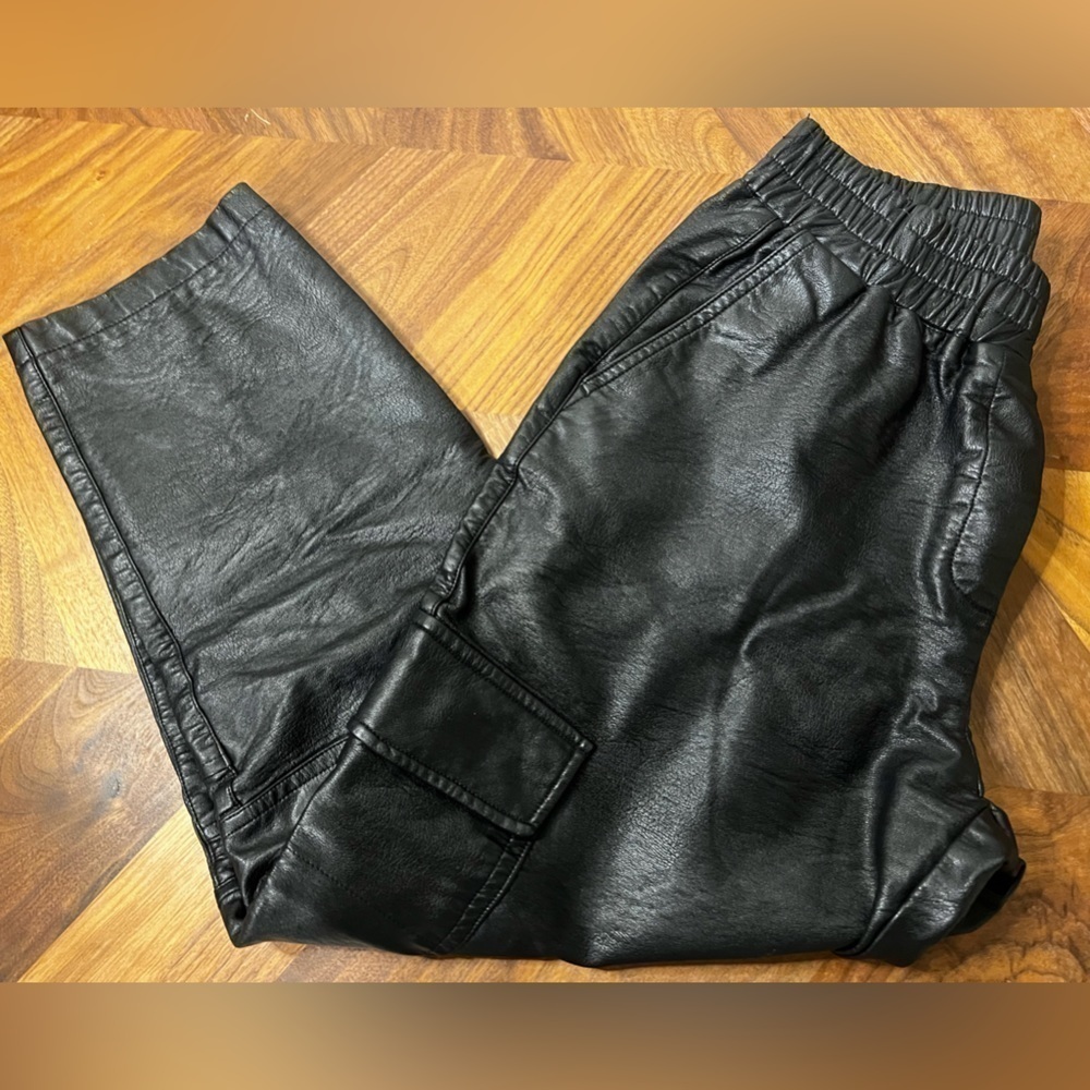 High waisted vegan leather cargo joggers